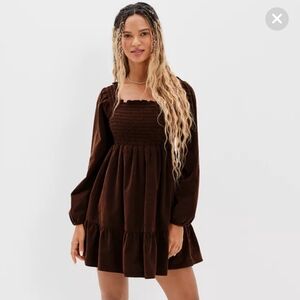 American Eagle Long Sleeve Smocked Corduroy Dress Brown Womens Medium Cotton